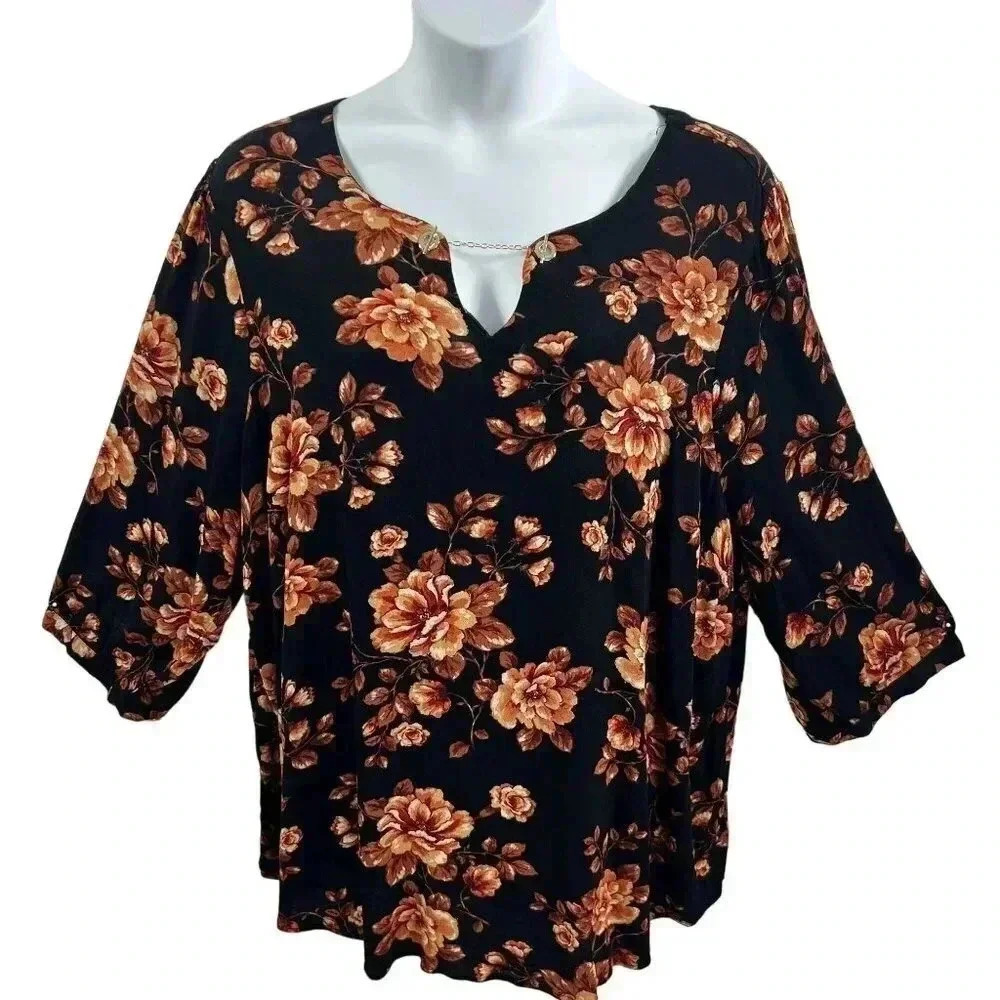 Torrid 5XL Womens Black Floral Print Crepe Chain Detail Blouse 3/4 Sleeves Boho